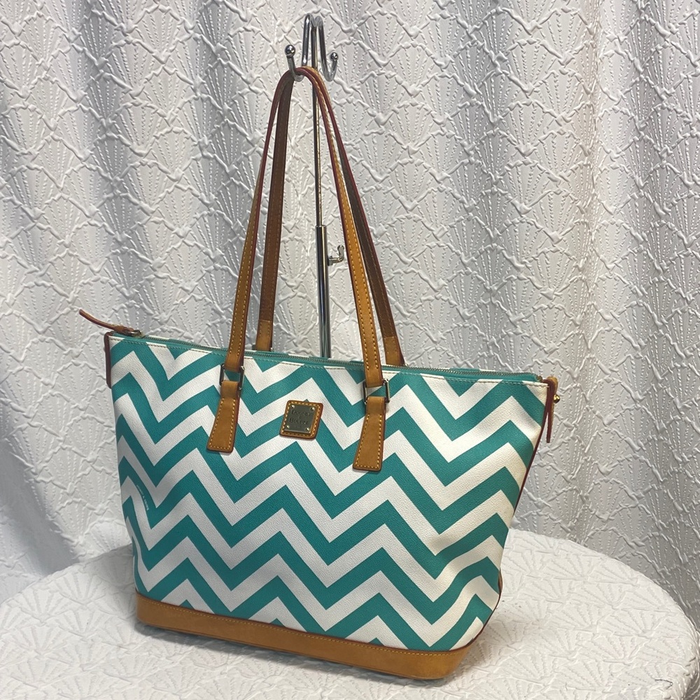 Dooney & Bourke Teal and Tan Chevron Tote